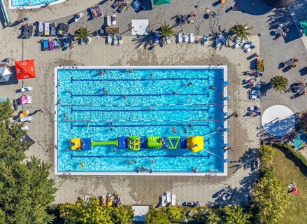 Aerial view, adventure pool, Aqua Spa and Aqua Fun Soest, outdoor pool, bathers, Soest, Soester