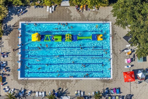 Aerial view, adventure pool, Aqua Spa and Aqua Fun Soest, outdoor pool, bathers, Soest, Soester