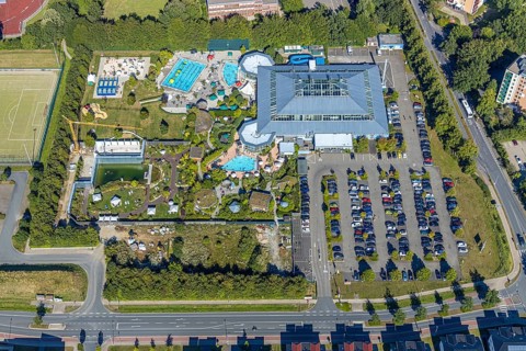 Aerial view, adventure pool, Aqua Spa and Aqua Fun Soest, outdoor pool, bathers, Soest, Soester