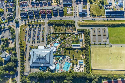 Aerial view, adventure pool, Aqua Spa and Aqua Fun Soest, outdoor pool, bathers, Soest, Soester