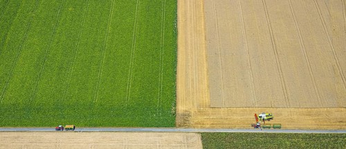 Aerial view, harvesting vehicles with straw bales in Ruploh, grain harvest, fields, Soest, Soester