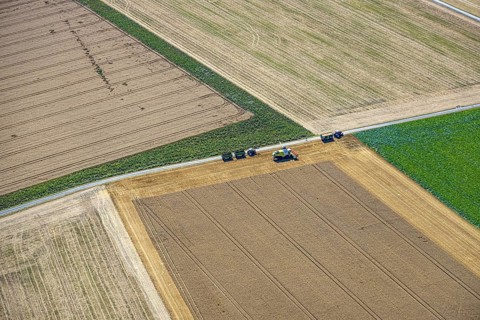 Aerial view, harvesting vehicles with straw bales in Ruploh, grain harvest, fields, Soest, Soester
