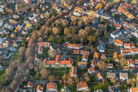 Aerial view, Bergenthalpark, Spital Physio, Soest, Soester Börde, North Rhine-Westphalia, Germany,
