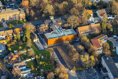 Aerial view, construction site extension Niederbergheimer Straße 24, former agricultural school,