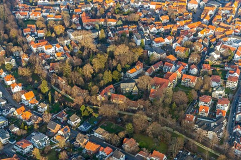 Aerial view, Bergenthalpark, Spital Physio, Soest, Soester Börde, North Rhine-Westphalia, Germany,