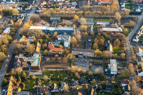 Aerial view, construction site extension Niederbergheimer Straße 24, former agricultural school,