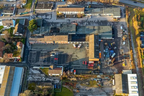 Aerial view, construction site, new construction of residential buildings, former Merkur site,