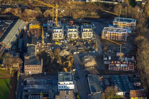 Aerial view, construction site, new building, former Merkur site, Rennekamp construction area,