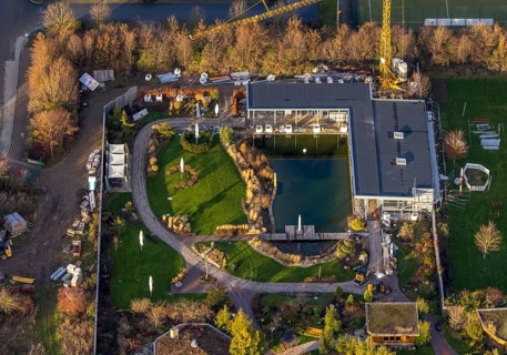 Aerial view, construction site new building at AquaFun fun pool, sauna world and bathing world,