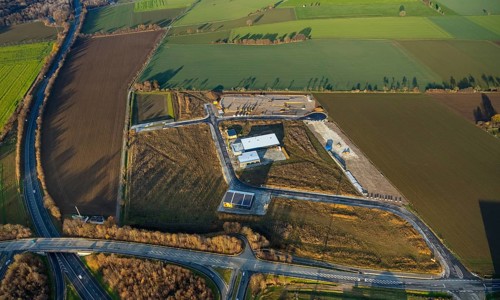 Aerial view, construction site, new building, industrial estate Wasserfuhr, Gebrüder-Ernst-Straße,