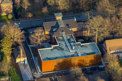 Aerial view, construction site extension Niederbergheimer Straße 24, former agricultural school,