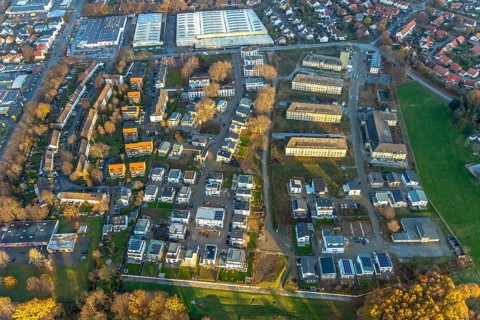 Aerial view, construction area Belgian Quarter, new residential area, Soest, Soester Börde, North
