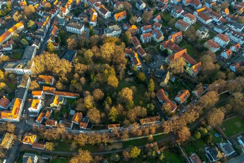 Aerial view, Bergenthalpark, Spital Physio, Soest, Soester Börde, North Rhine-Westphalia, Germany,