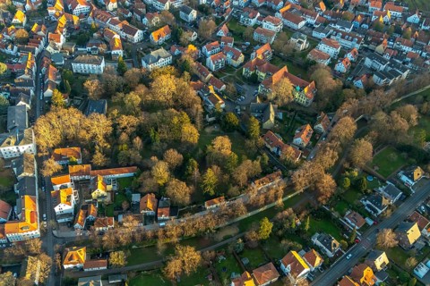 Aerial view, Bergenthalpark, Spital Physio, Soest, Soester Börde, North Rhine-Westphalia, Germany,