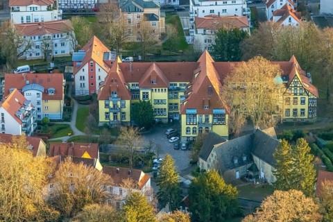 Aerial view, Bergenthalpark, Spital Physio, Soest, Soester Börde, North Rhine-Westphalia, Germany,