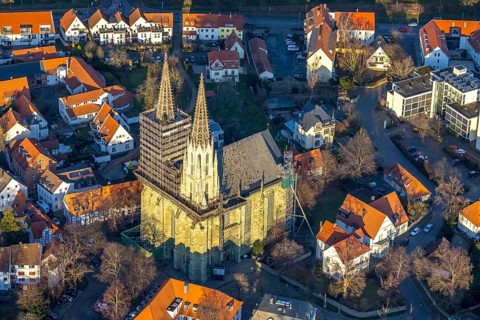 Aerial view, old town, protestant church Sankt Maria zur Wiese, renovation, Soest, Soester Börde,
