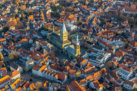 Aerial view, city centre view, old town, St. Petri Church Alde Kerke, St. Patrokli Cathedral,
