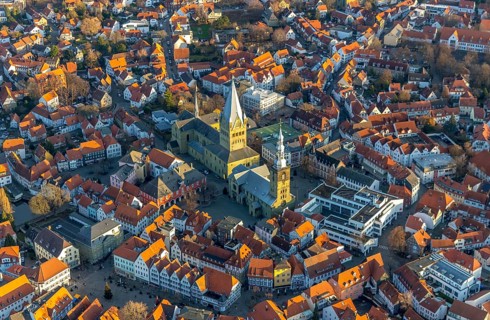 Aerial view, city centre view, old town, St. Petri Church Alde Kerke, St. Patrokli Cathedral,