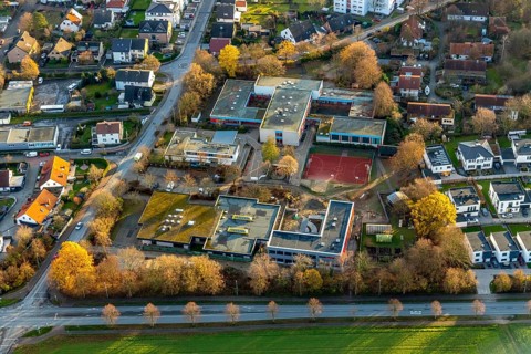 Aerial view, Bodelschwinghschule, construction site extension Jacob-Grimm-Schule, Vor dem