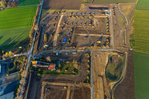 Aerial view, construction area Neuer Soester Norden, new residential neighbourhood, Danziger Ring,