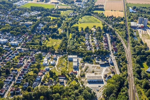 Aerial view, three residential buildings at the renaturalised Soestbach, former outdoor swimming