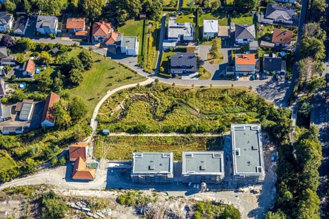 Aerial view, three residential buildings at the renaturalised Soestbach, former outdoor swimming