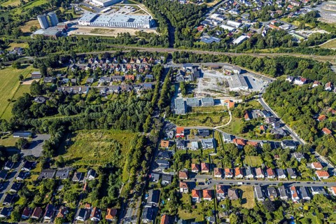 Aerial view, three residential buildings at the renaturalised Soestbach, former outdoor swimming