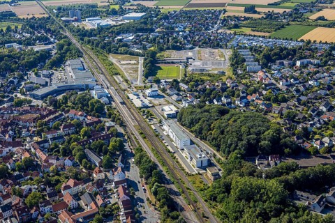 Aerial view, development area of the industrial wasteland at Teinenkamp in Soest, wasteland north