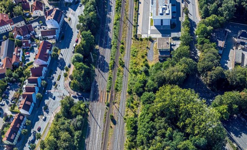 Aerial view, railway subway Wallburger Tor, railway tracks, Soest, Soester Börde, North