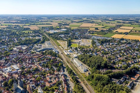 Aerial view, development area of the industrial wasteland at Teinenkamp in Soest, wasteland north