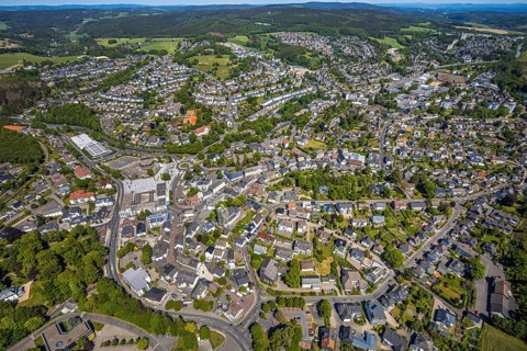 Aerial view, town view, town hall, construction site renovation Jesus-Christus-Kirche,