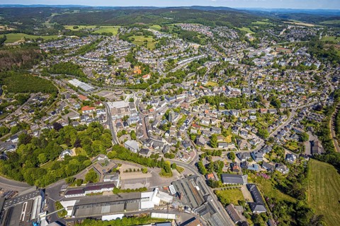 Aerial view, town view, town hall, construction site renovation Jesus-Christus-Kirche,