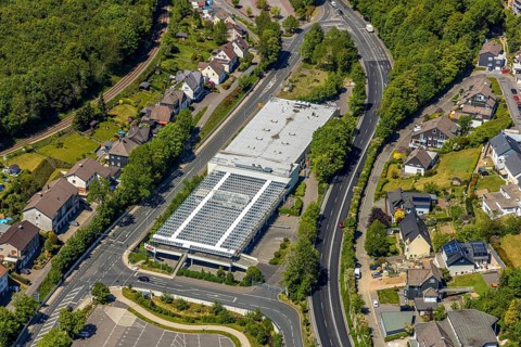 Aerial view, shopping centre HIT Handelsgruppe GmbH, Meinerzhagen, Märkischer Kreis, Sauerland,