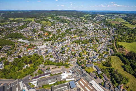 Aerial view, town view, town hall, construction site renovation Jesus-Christus-Kirche,