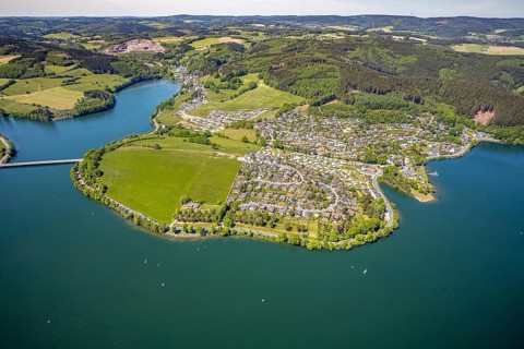 Aerial view, camping site Seeblick, holiday village Listersee, camping site Eckmann, Meinerzhagen,