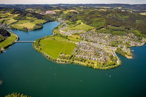 Aerial view, camping site Seeblick, holiday village Listersee, camping site Eckmann, Meinerzhagen,