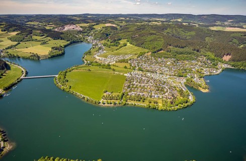 Aerial view, camping site Seeblick, holiday village Listersee, camping site Eckmann, Meinerzhagen,