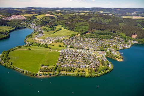 Aerial view, camping site Seeblick, holiday village Listersee, camping site Eckmann, Meinerzhagen,