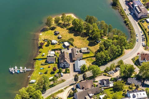 Aerial view, campsite Seeblick, Meinerzhagen, Märkischer Kreis, Sauerland, North Rhine-Westphalia,