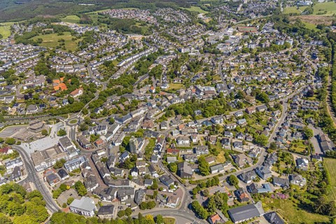 Aerial view, town view, town hall, construction site renovation Jesus-Christus-Kirche,