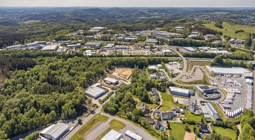 Aerial view, industrial area Darmche, construction site, Meinerzhagen, Märkischer Kreis, Sauerland,