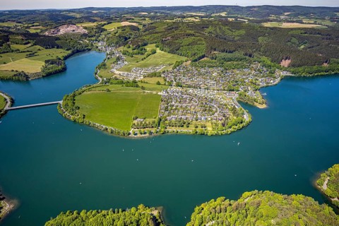 Aerial view, camping site Seeblick, holiday village Listersee, camping site Eckmann, Meinerzhagen,