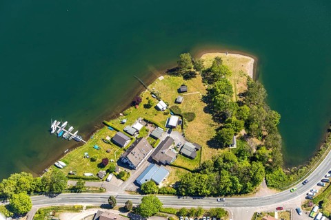 Aerial view, campsite Seeblick, Meinerzhagen, Märkischer Kreis, Sauerland, North Rhine-Westphalia,