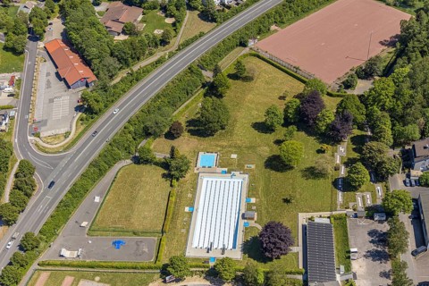 Aerial view, Meinerzhagener Freibadoase, Meinerzhagen, Märkischer Kreis, Sauerland, North