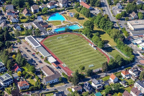 Aerial view, Baumhofstadion, outdoor swimming pool Sprockhövel, Niedersprockhövel, Sprockhövel,