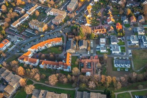 Aerial view, Construction site new building Landsknechtweg, Protestant day care centre