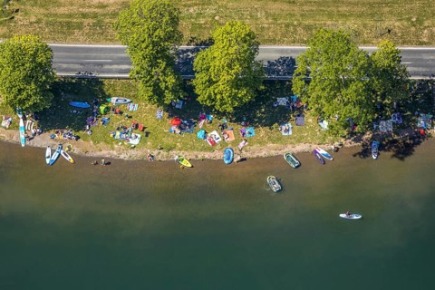 Aerial view, bathing area at the holiday village Listersee, Meinerzhagen, Märkischer Kreis,