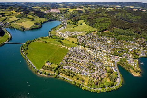 Aerial view, camping site Seeblick, holiday village Listersee, camping site Eckmann, Meinerzhagen,