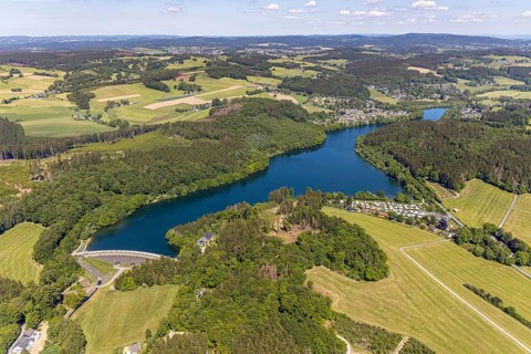 Aerial view, Lingesetalsperre, Meinerzhagen, Märkischer Kreis, Sauerland, North Rhine-Westphalia,