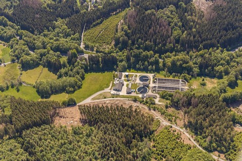 Aerial photograph, Marienheide sewage treatment plant, Meinerzhagen, Märkischer Kreis, Sauerland,